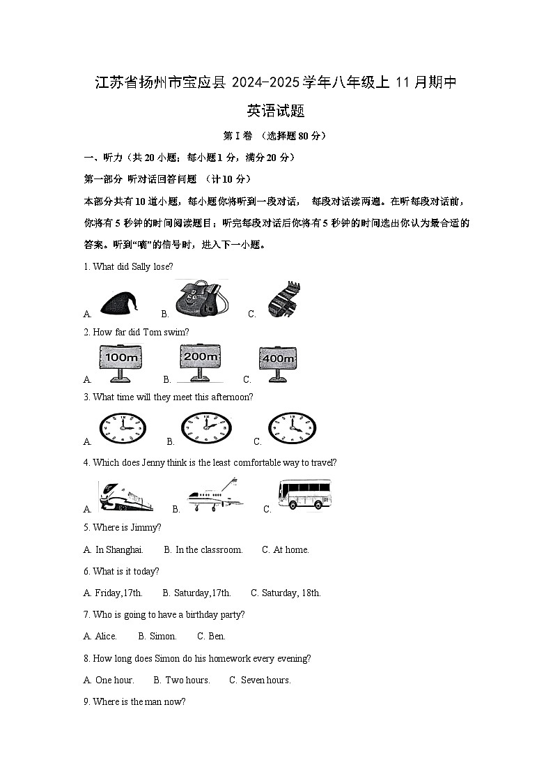 江苏省扬州市宝应县2024-2025学年八年级上11月期中英语试卷(解析版)第1页