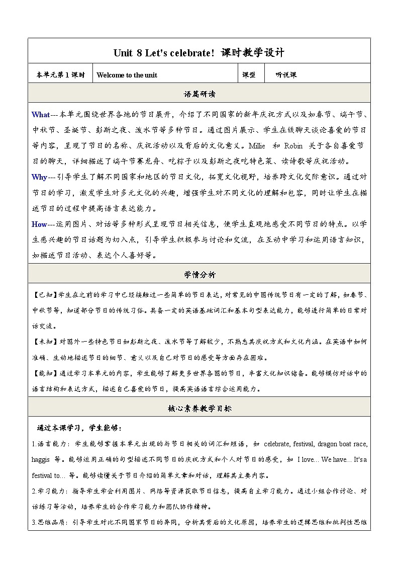 Unit 8 Let's celebrate! 第1课时 Welcome to the unit教学设计-译林七上第1页