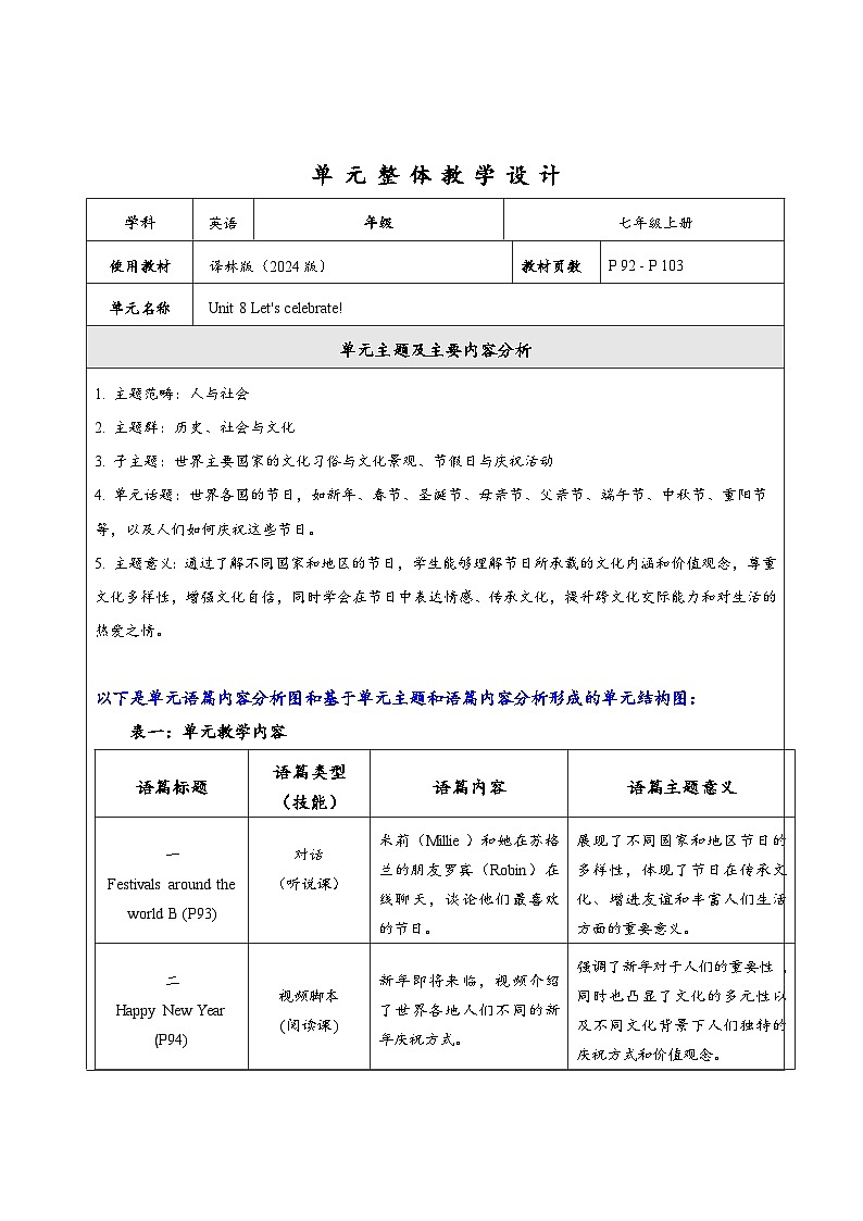 Unit 8 Let's celebrate! 大单元整体教学分析第1页