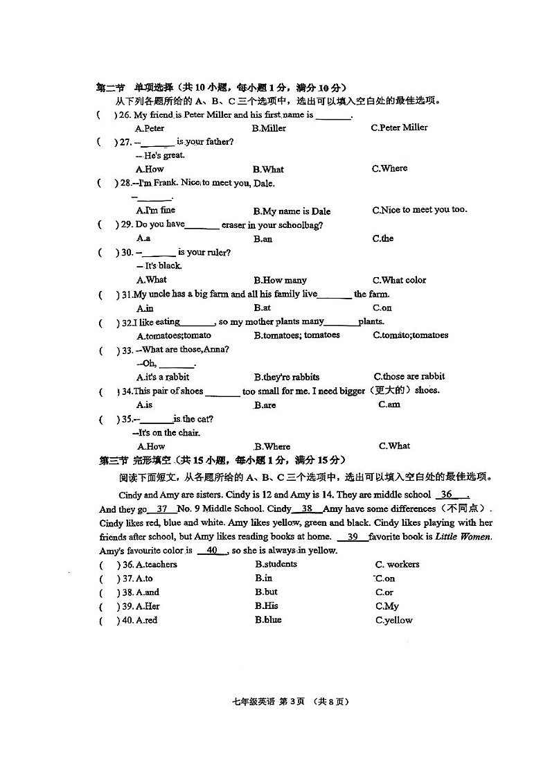四川省宜宾市第二中学校2024-2025学年七年级上学期期中考试英语试题第3页