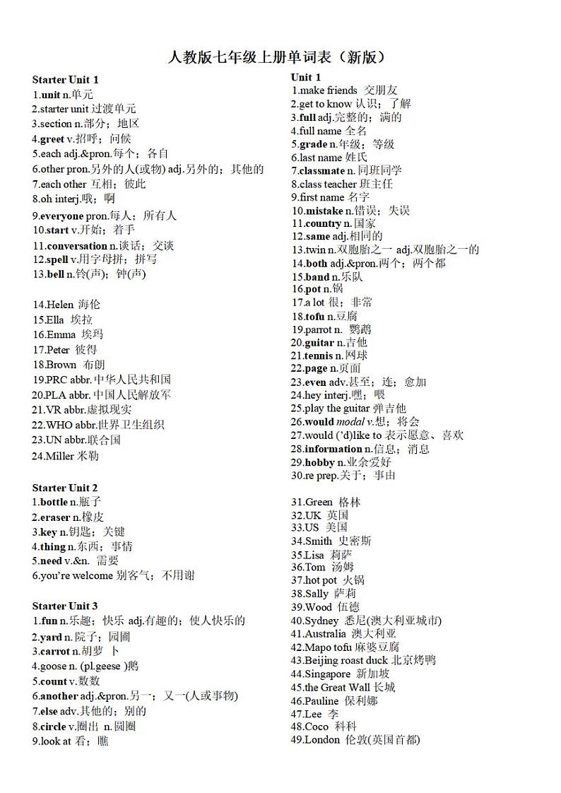 2024人教版英语七年级上册单词表背诵表练习—英汉对照第1页