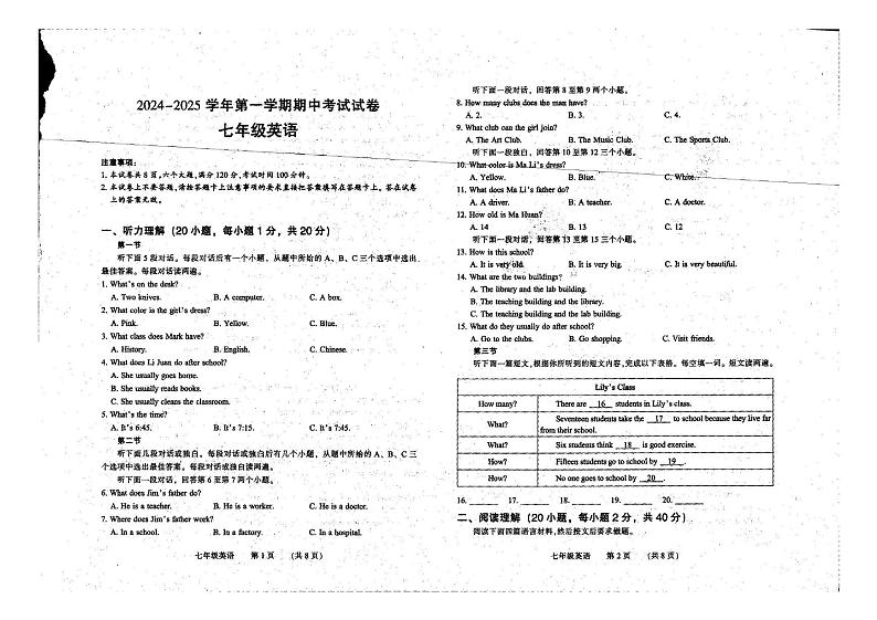 河南省濮阳市清丰县实验初级中学2024-2025学年七年级上学期期中考试英语试题第1页