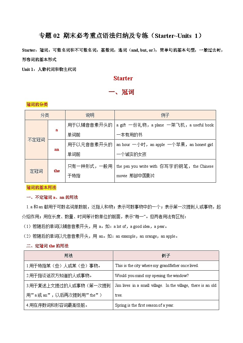 专题02 期末必考重点语法归纳及专练（Starter~Units 1）（原卷版）第1页