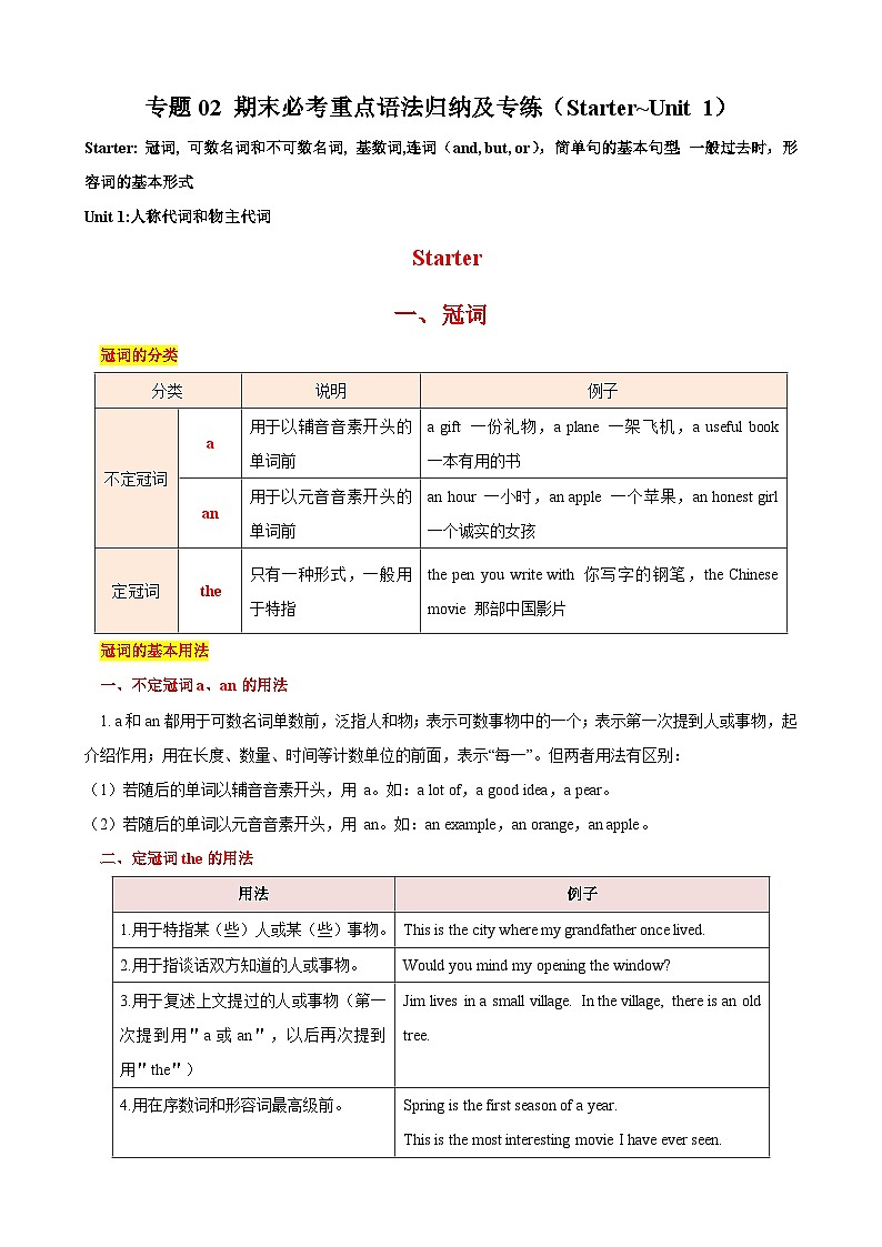 专题02 期末必考重点语法归纳及专练（Starter~Units 1）（解析版）第1页