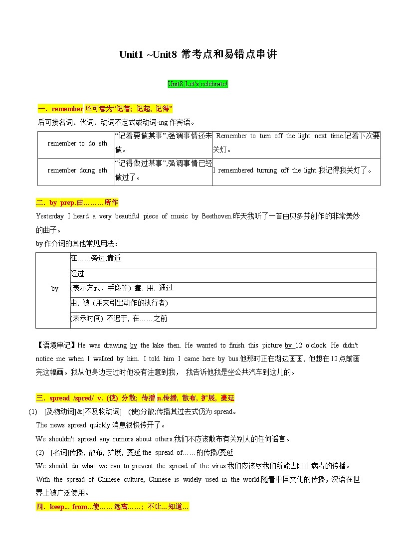 专题03 Unit1 ~Unit8常考点和易错点串讲 【考点清单】（记忆版）第1页