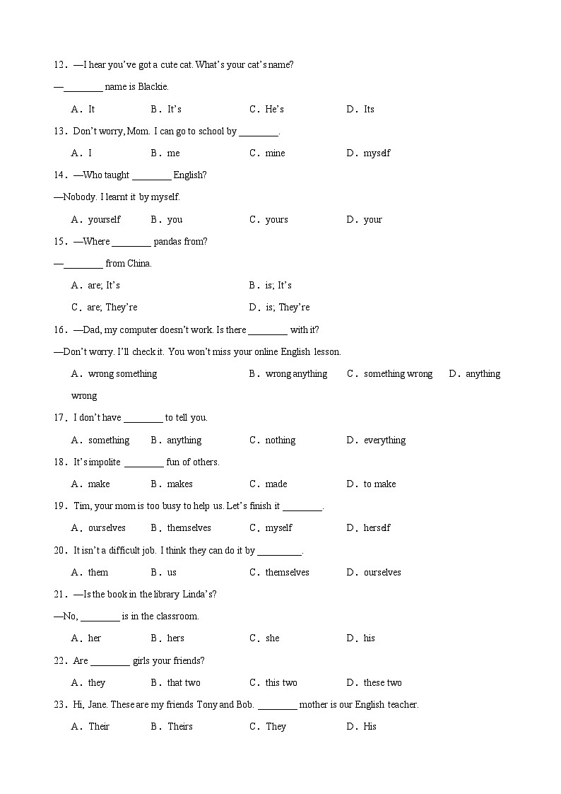 人教版七年级英语上学期期中热点题型专练刷题01代词100题(初中重点语法)(原卷版+解析)第2页