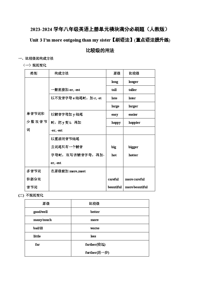 人教版八年级英语上册单元模块满分必刷题 Unit 3【刷语法】比较级的用法(重点语法提升练)（附答案）第1页