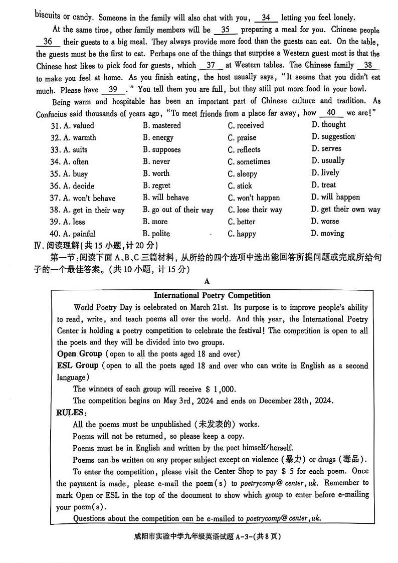 陕西省咸阳市实验中学2024-2025学年九年级上学期第三次月考英语试题第3页