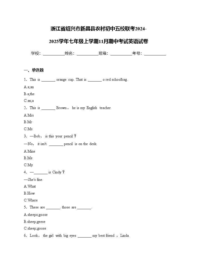 浙江省绍兴市新昌县农村初中五校联考2024-2025学年七年级上学期11月期中考试英语试卷(含答案)第1页