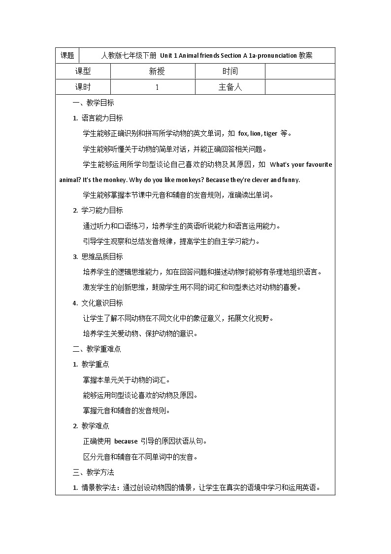 人教版2024七年级下册英语Unit 1 Animal friends Section A 1a~pronunciation教案第1页