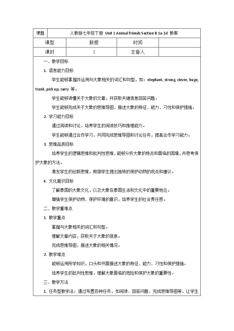 人教版2024七年级下册英语Unit 1 Animal friends Section B 1a-1d教案 第1页