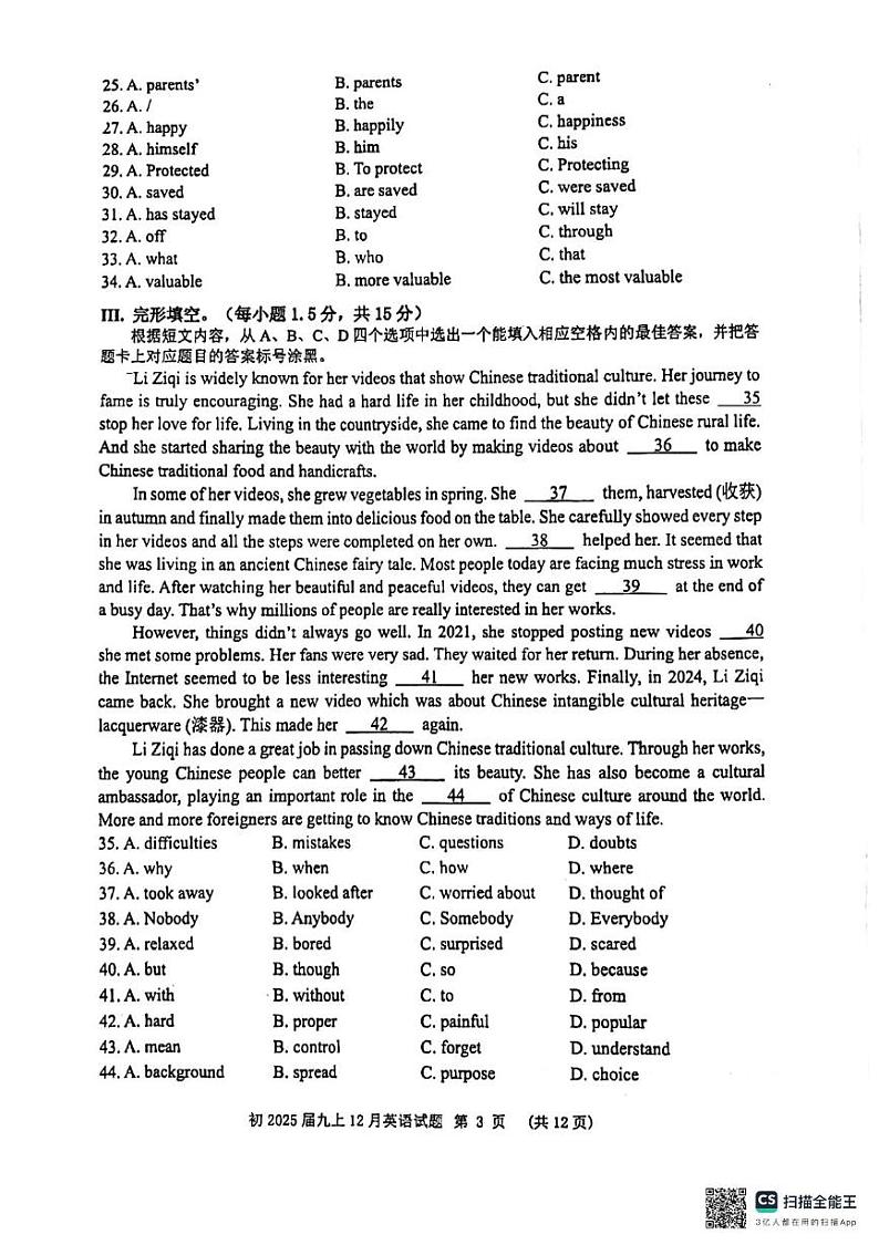重庆市沙坪坝区南开中学校2024-2025学年九年级上学期12月月考英语试题第3页