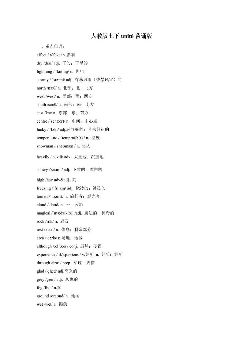 人教版2024七年级下册英语unit6重点单词、词性转换、短语、句型背默 讲义+素材第1页