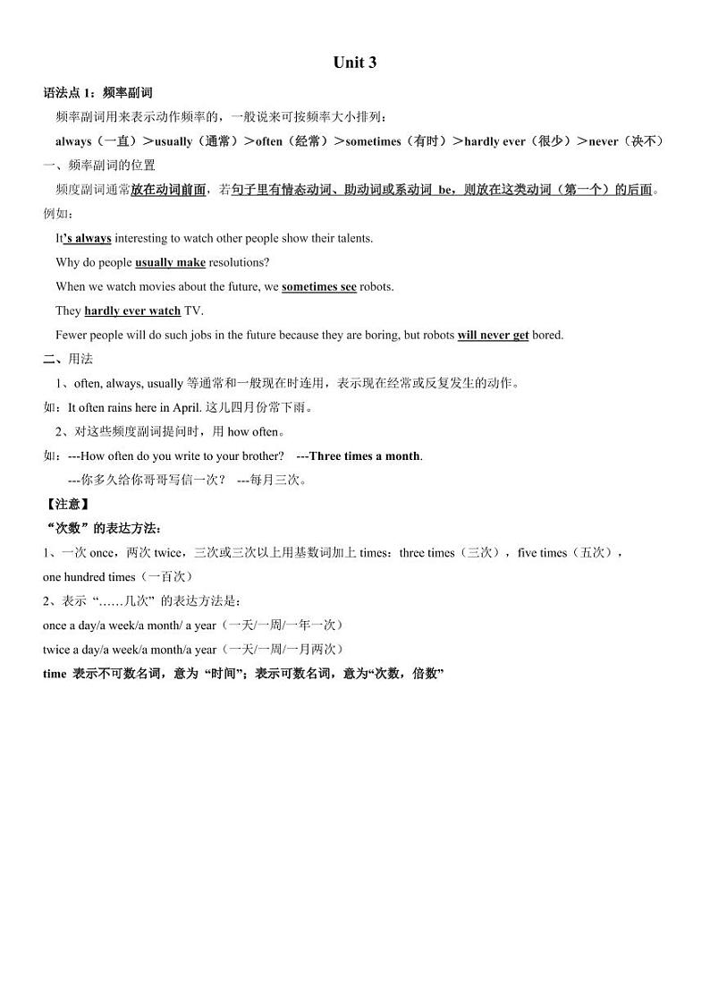 人教版2025七年级下册英语unit3语法归纳+练习第1页