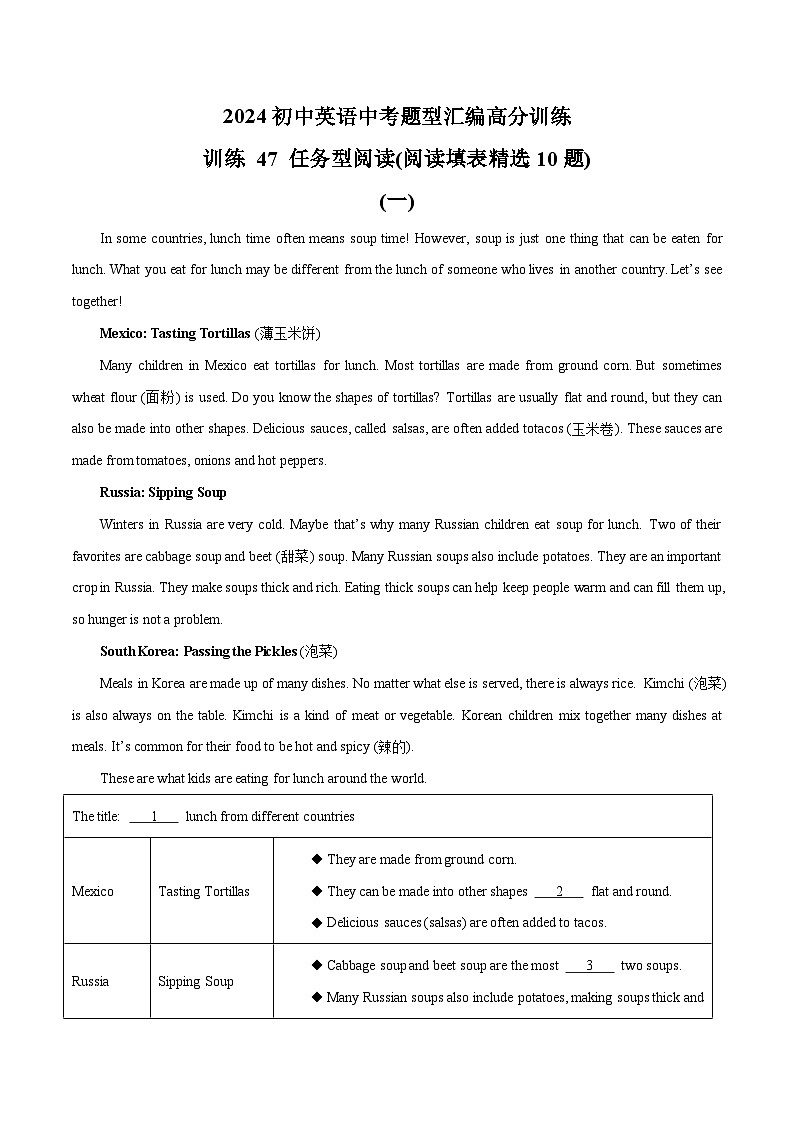 初中英语中考题型汇编高分训练训练 47 任务型阅读(阅读填表精选10题)(全国通用)（附答案）第1页