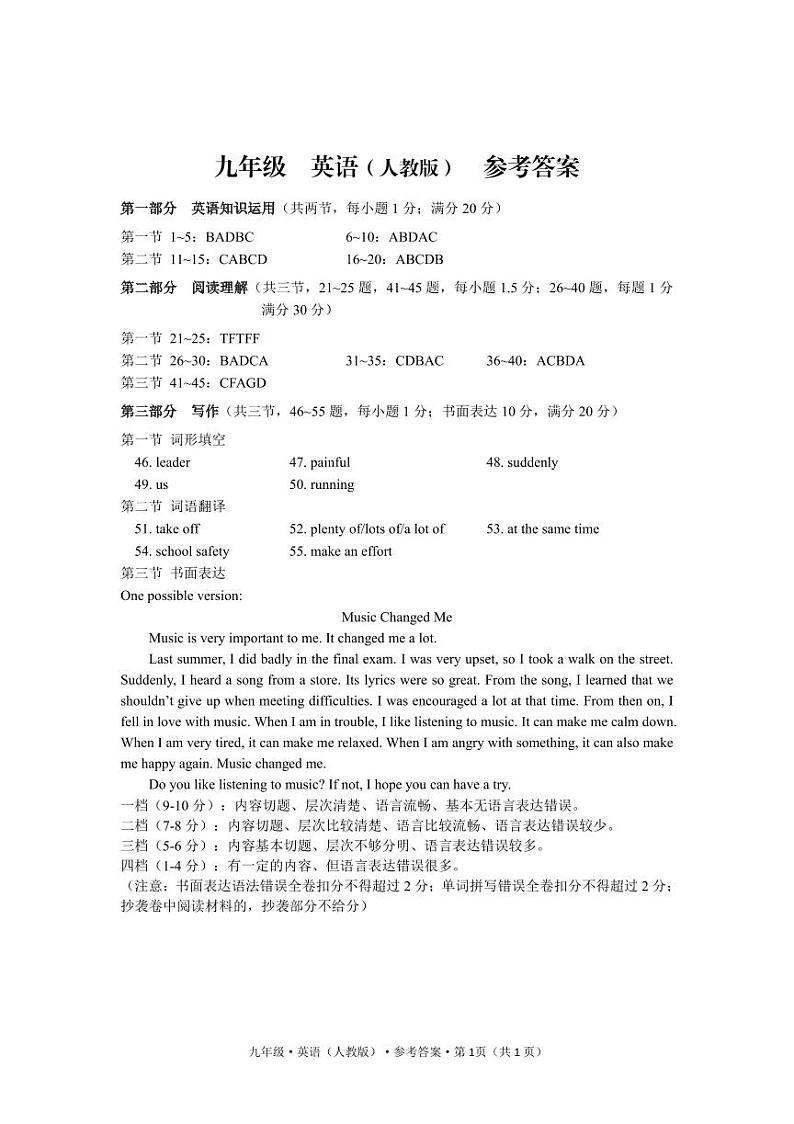 云南省曲靖市麒麟区第四中学2024--2025学年九年级上学期12月第三次月考英语试卷 笔试答案 人教第1页