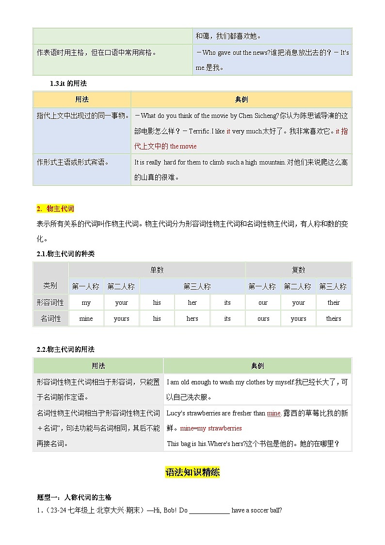 Unit1 A new start 重点语法：人称代词和物主代词（四大题型，60题）-2024-2025学年七年级英语上册重难点讲练全攻略（外研版2024）-A4第2页