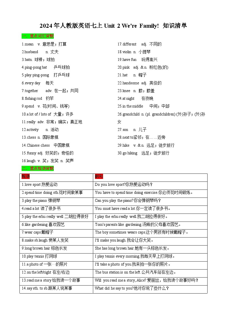 Unit2 We're Family! 七年级英语上册同步 知识点总结（含答案解析）第1页