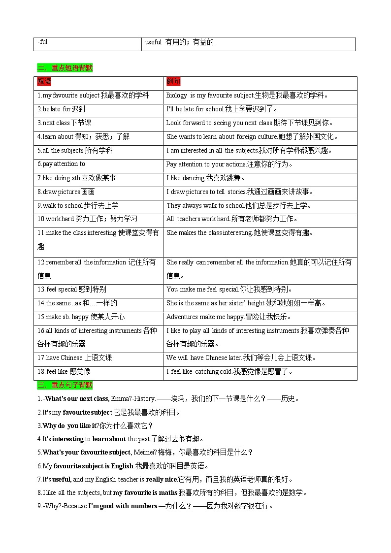 Unit4 My Favourite Subject 七年级英语上册同步 知识点总结（含答案解析）第2页