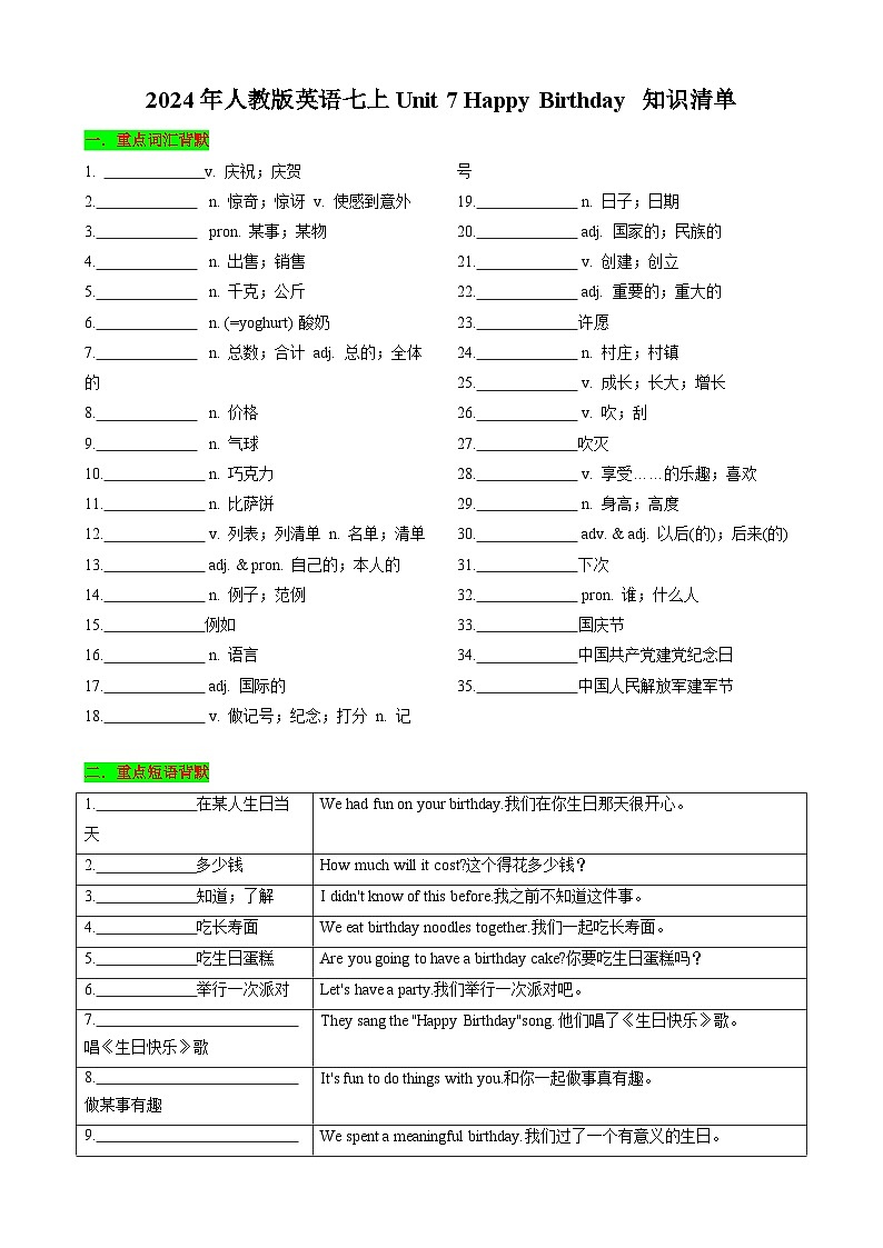 Unit7 Happy Birthday 七年级英语上册同步 知识点总结（空白版）第1页