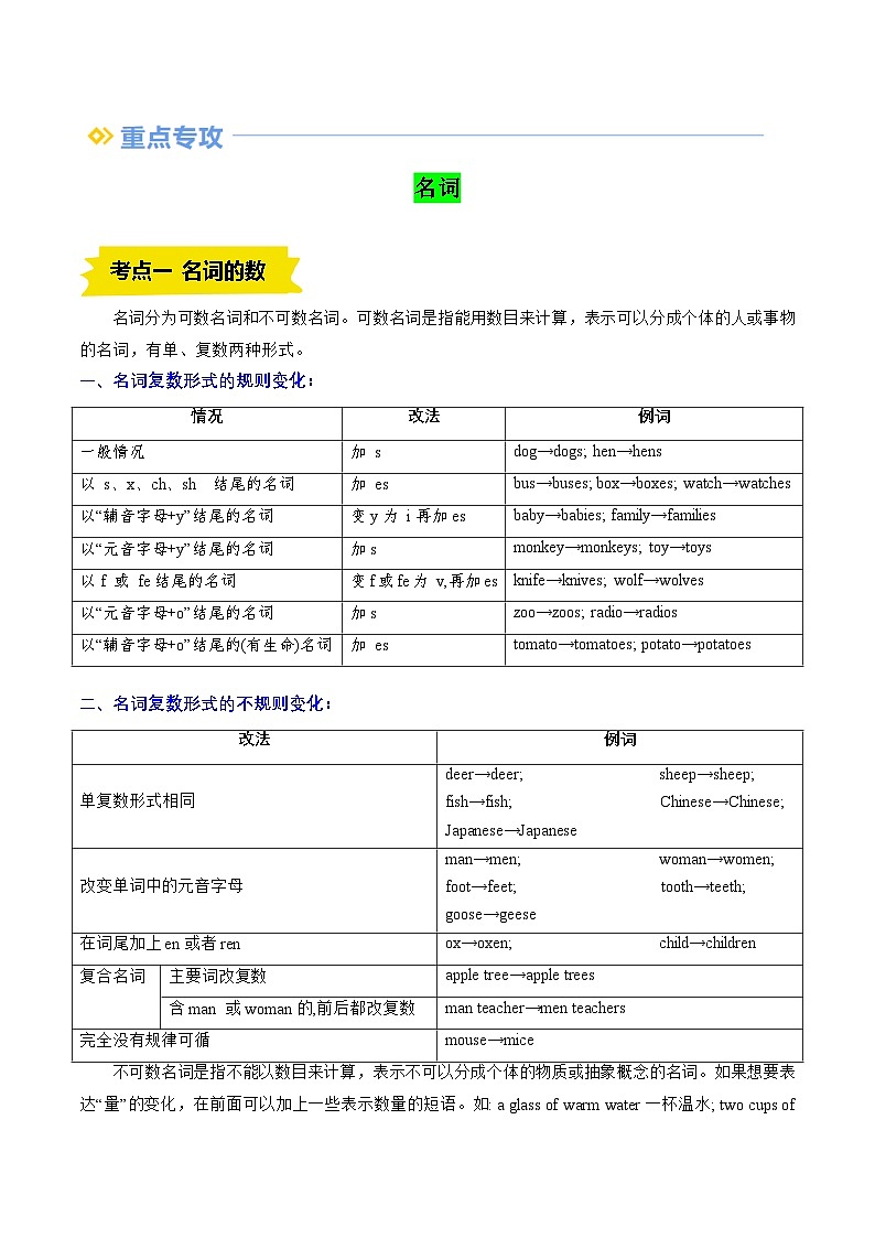 【寒假衔接讲义】人教版 初中英语 七年级上册 知识讲义  专题04 名词和There be 句型（教师版）第2页