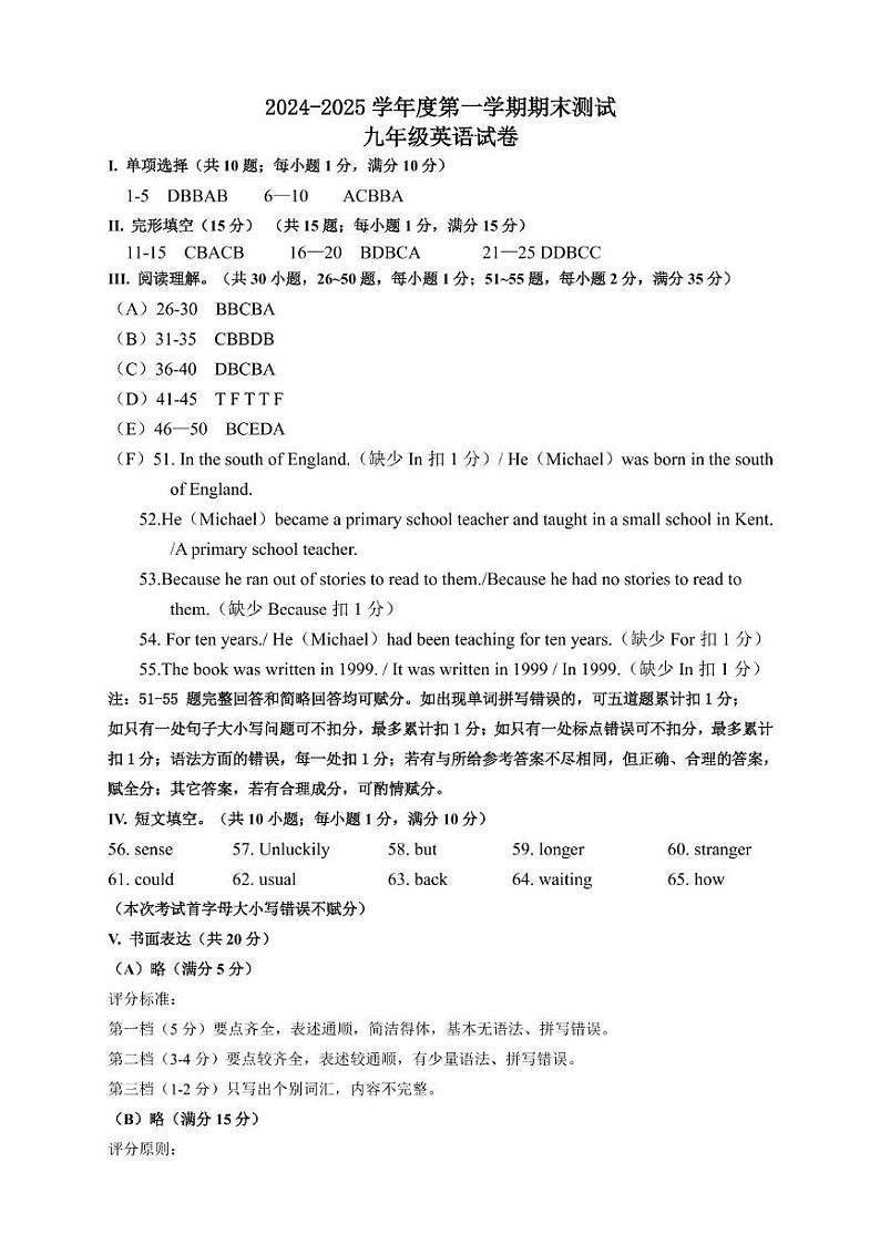 九年英语 2024—2025学年度第一学期期末测试九年级英语参考答案第1页