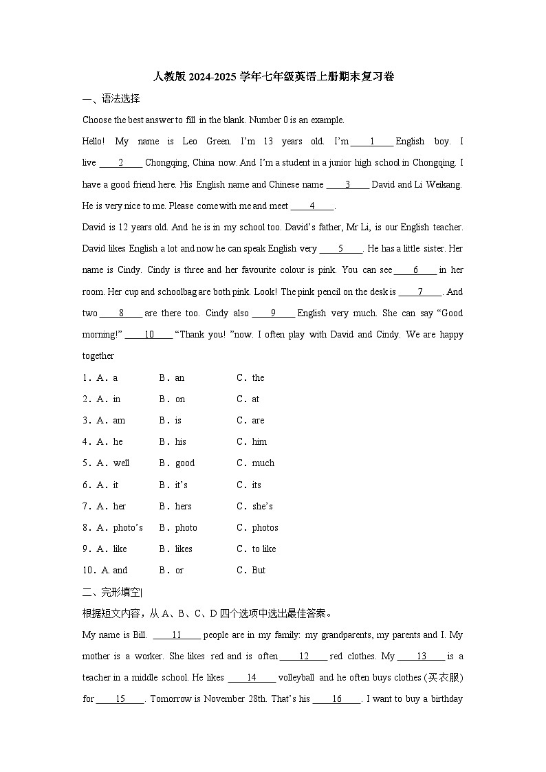 人教版2024-2025学年七年级英语上册期末复习试卷-含答案第1页