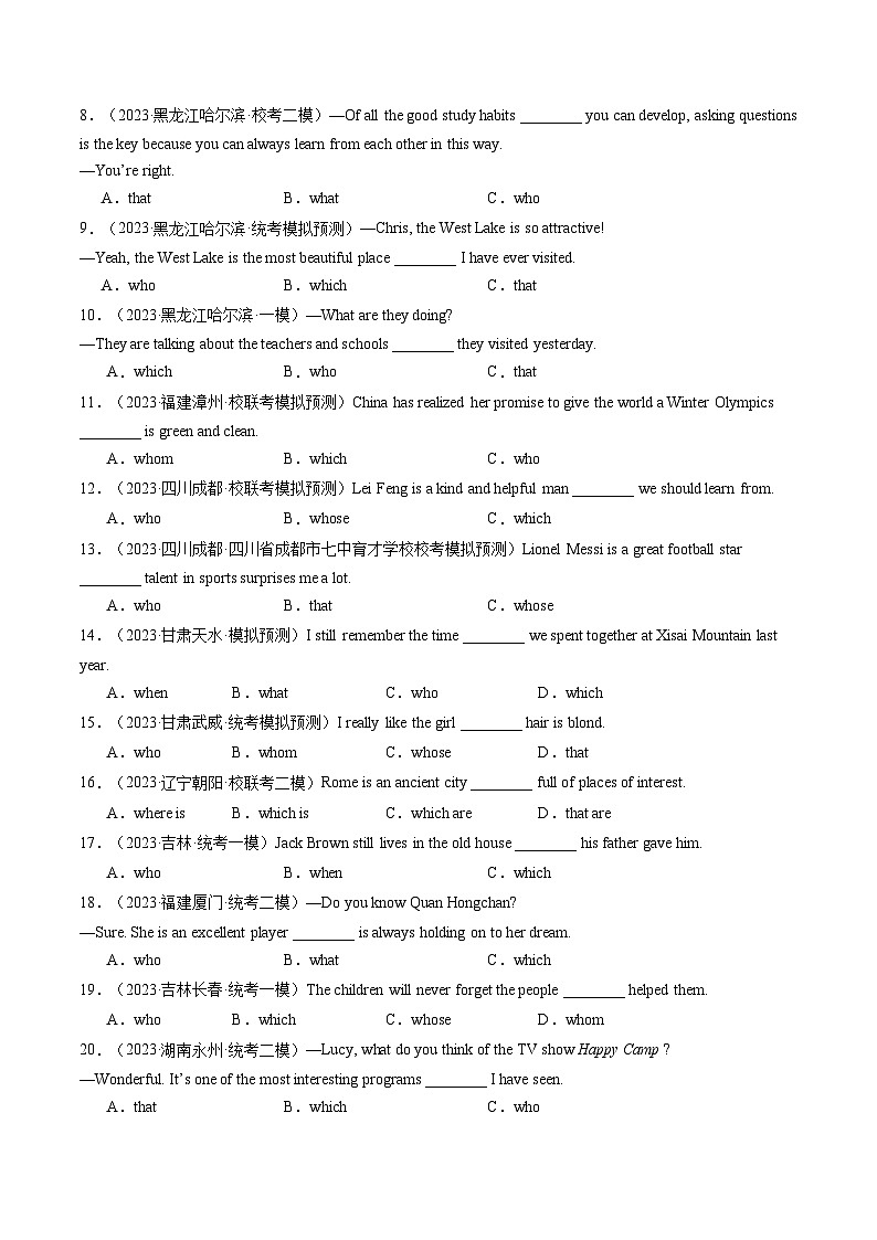 第09讲 定语从句（练习）-2024年中考英语一轮复习讲练测（全国通用）（原卷版）第2页