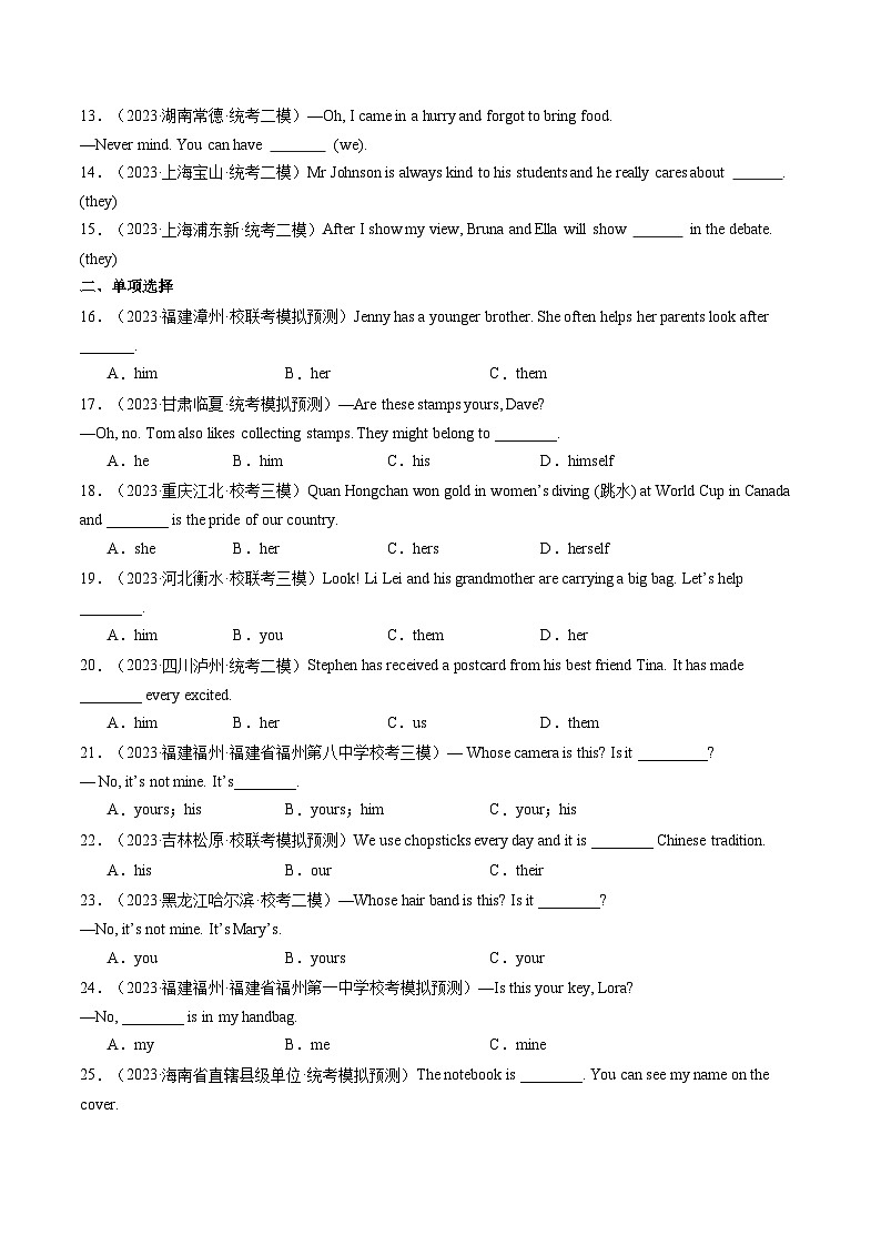 第15讲 代词（练习）-2024年中考英语一轮复习讲练测（全国通用）（原卷版）第2页