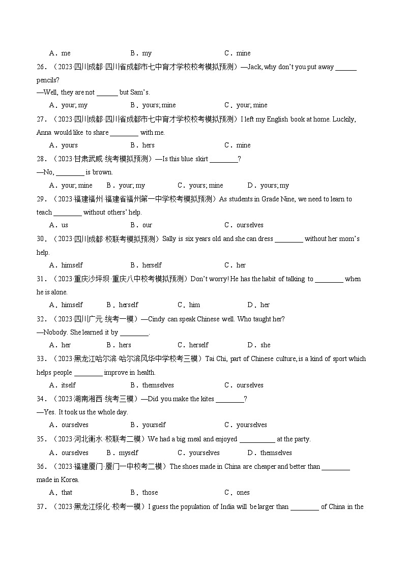 第15讲 代词（练习）-2024年中考英语一轮复习讲练测（全国通用）（原卷版）第3页