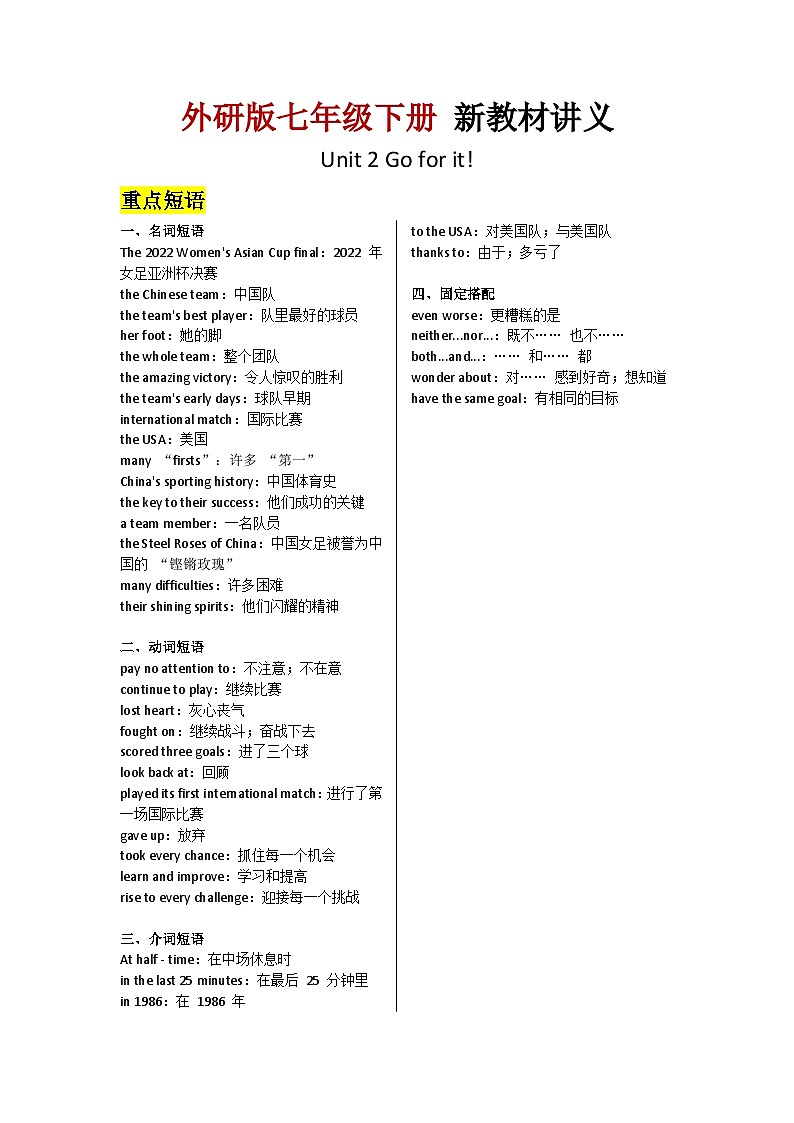 外研版2024七年级英语下册Unit 2 Go for it!：Reading for writing 课文逐句精讲 讲义第1页