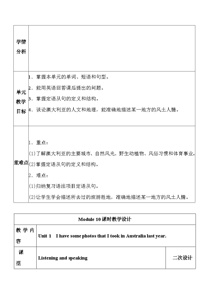 外研版九年级上册英语Module 10 Australia大单元教学设计第2页