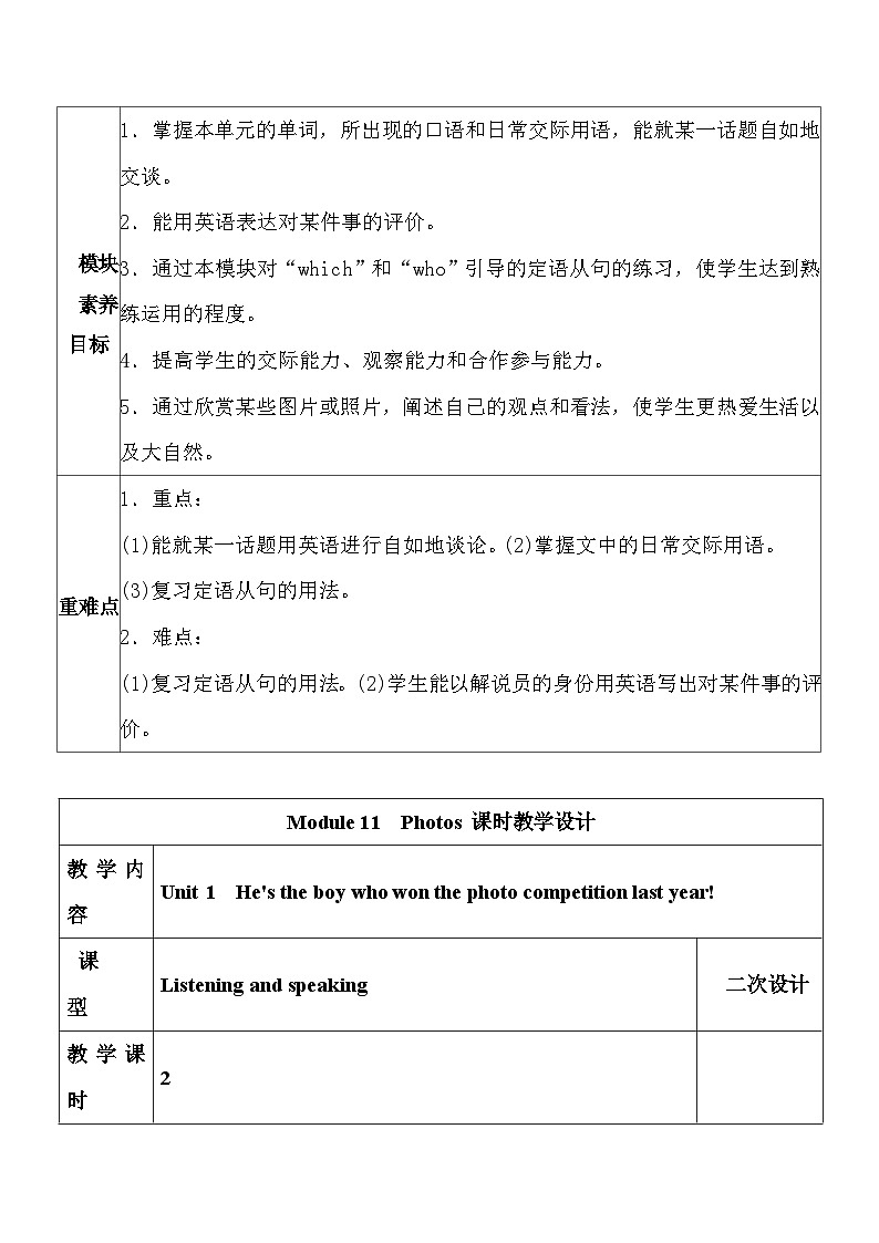 外研版九年级上册英语Module 11 Photos大单元教学设计第2页