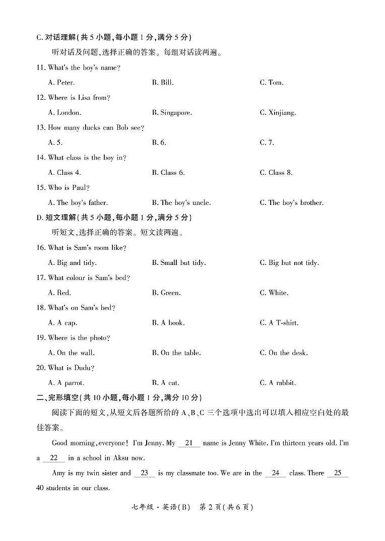 新疆阿克苏地区拜城县2024—2025学年七年级上学期期中质量监测英语试卷第2页
