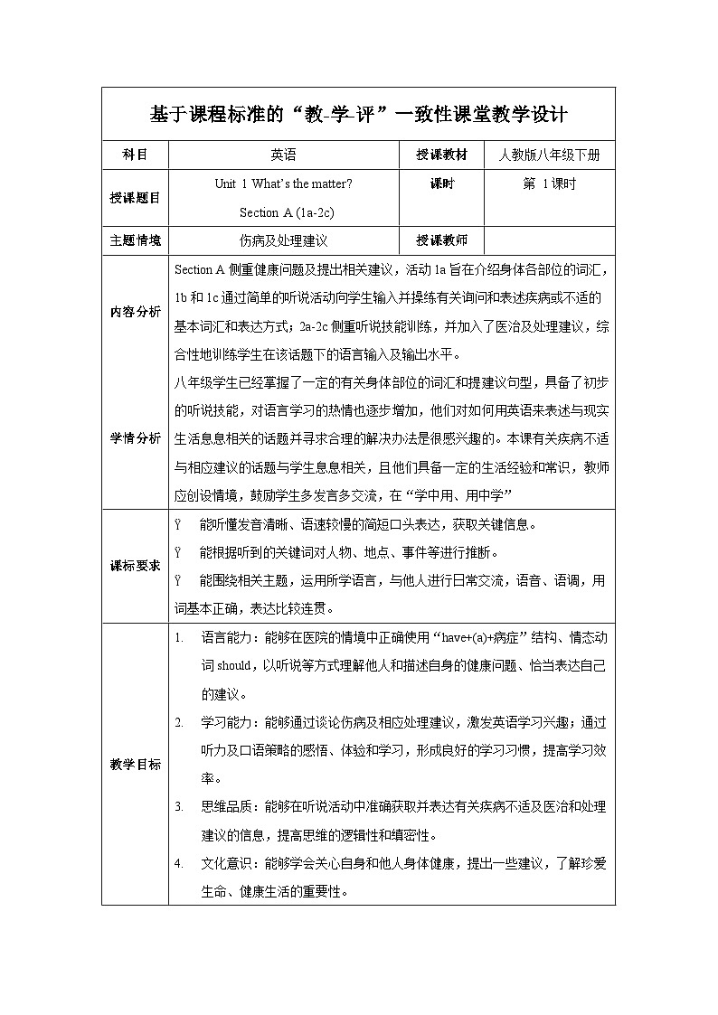 人教版英语八下 Unit 1 What's the matter 第1课时 Section A 1a-2c 教案第1页