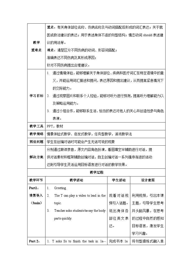 人教版英语八下 Unit 1 What's the matter 第1课时 Section A 1a-2c 教案第2页