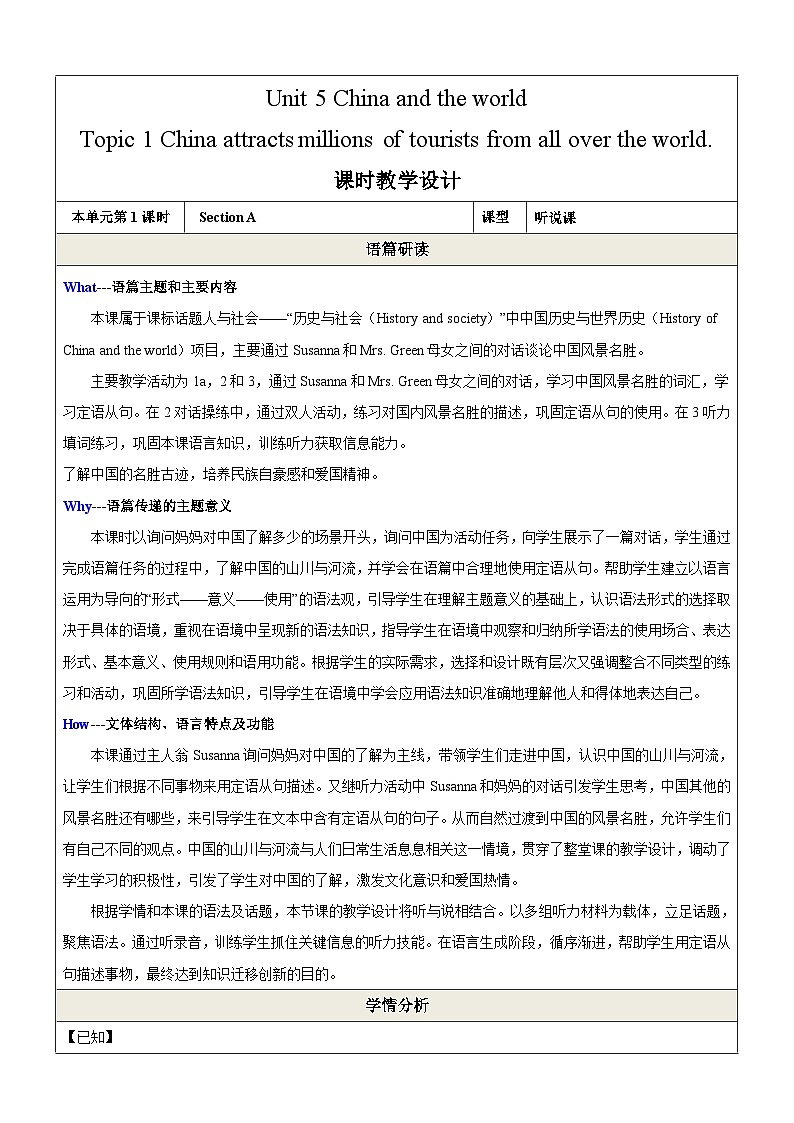 Unit 5 China and the world Section A 听说优质课（教学设计）仁爱科普九下第1页