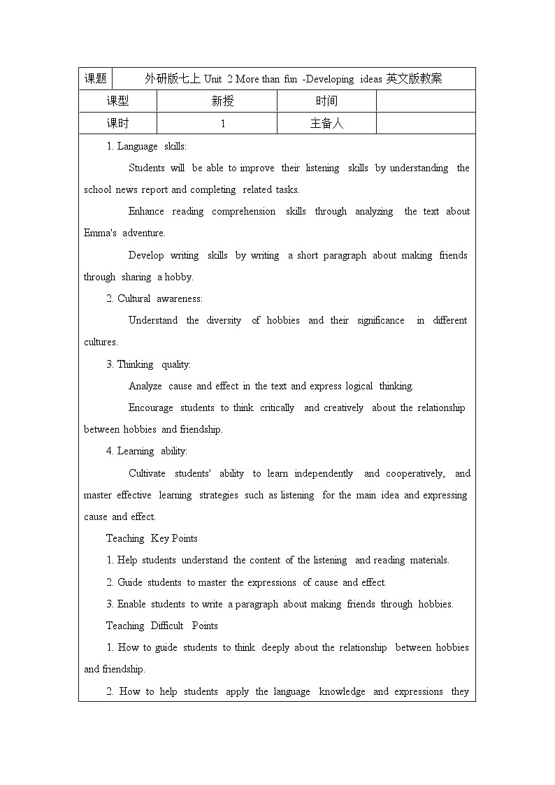 新外研版初中英语七上Unit 2 Developing ideas 教案第1页