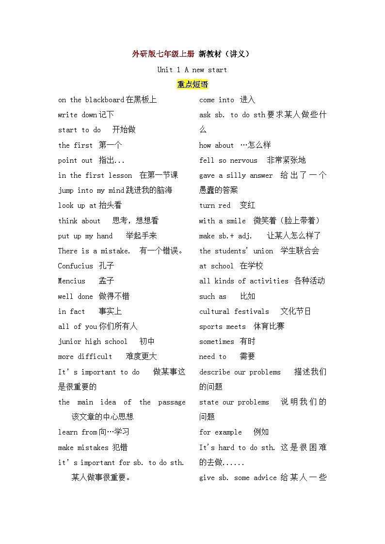 新外研版初中英语七上Unit1 课文知识讲解（重点短语 句子解析）第1页