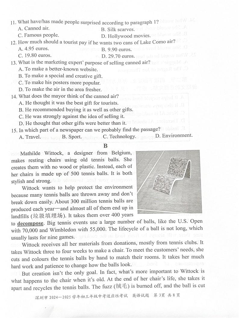 广东省深圳市2024-2025学年九年级上学期中考适应性考试英语试题第3页