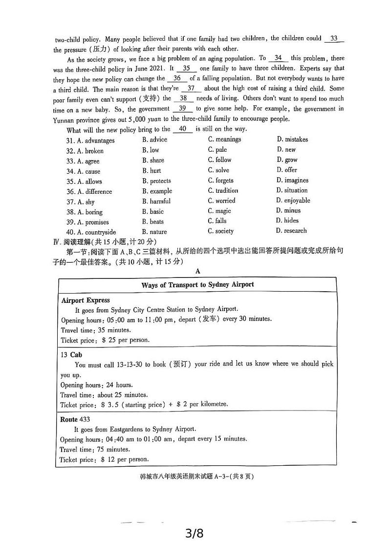 陕西省渭南市韩城市2024-2025学年八年级上学期期末英语试题第3页