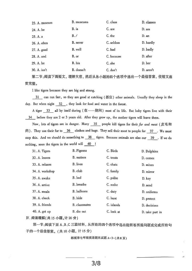 陕西省韩城市2024-2025学年七年级上学期期末考试英语试题第3页