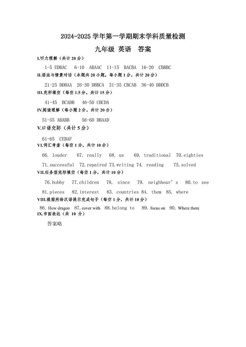 2024-2025学年第一学期期末学科质量检测-九年级-英语-答案第1页