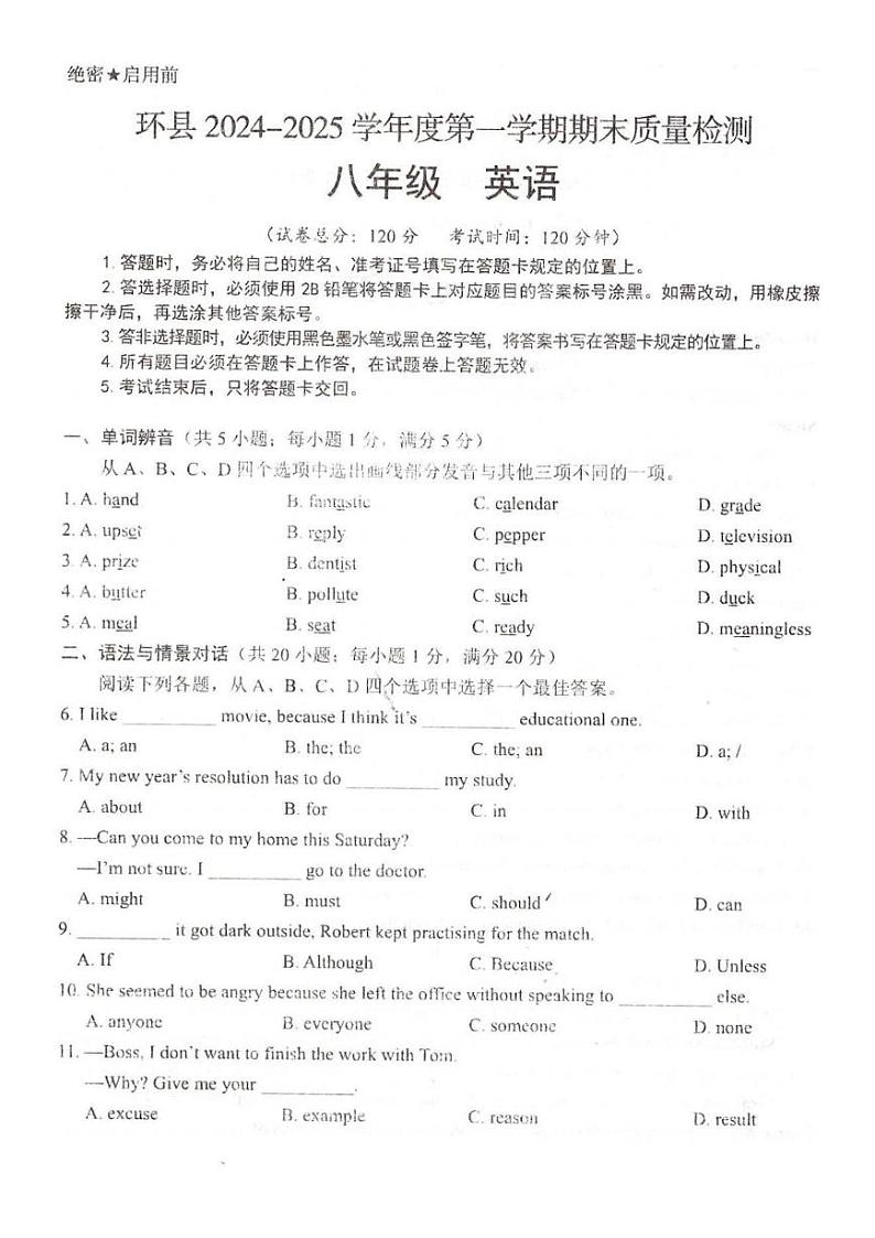 甘肃省庆阳市环县2024-2025学年八年级上学期期末英语试题第1页