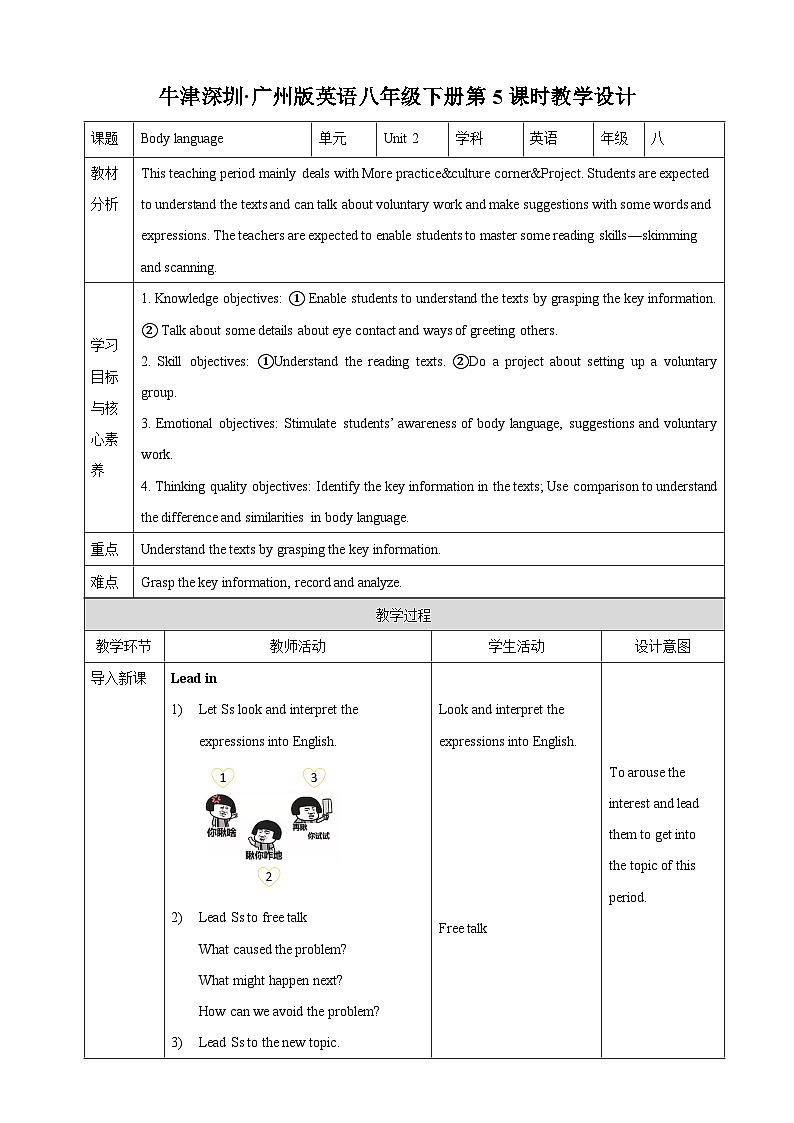 沪教牛津版（六三制）英语八下  Unit 2《 Body language》 第5课时More practice  教案第1页