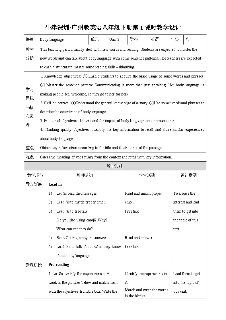 沪教牛津版（六三制）英语八下  Unit 2《 Body language》第1课时Reading I 教案第1页