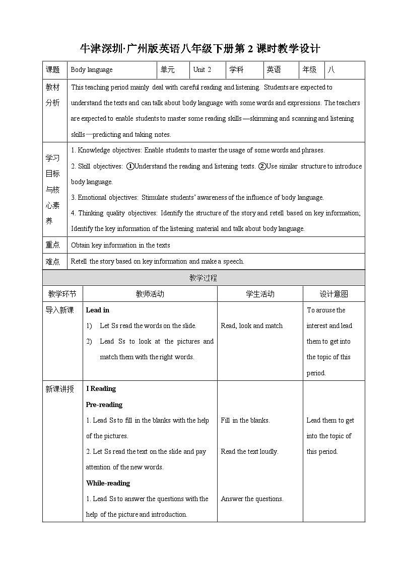 沪教牛津版（六三制）英语八下  Unit 2《 Body language》第2课时Reading II+Listening 教案第1页
