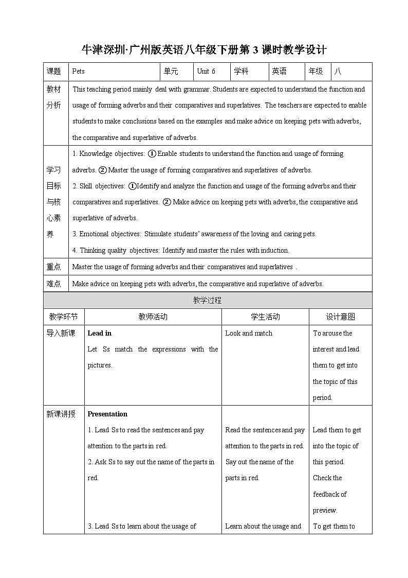 沪教牛津版（六三制）英语八下 Unit 6《 Pets》第3课时Grammar 教案第1页
