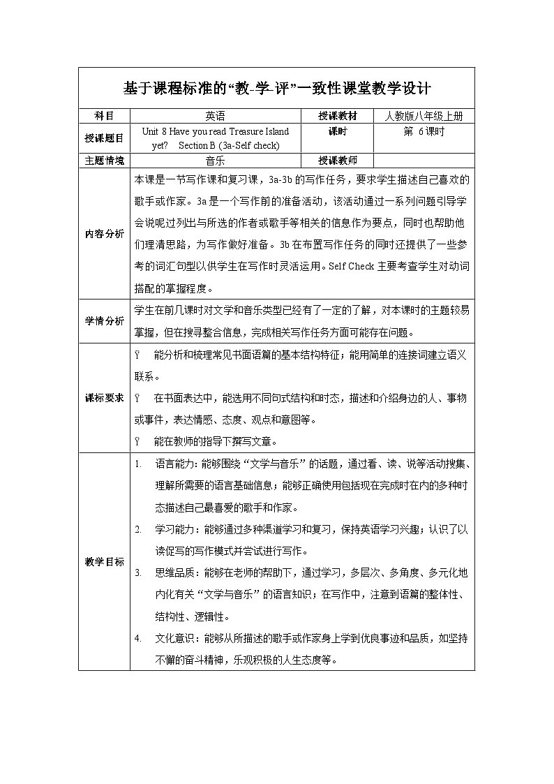 人教版英语八下 Unit 8 Have you read Treasure Island yet ？第6课时 Section B (3a-SC) 教案第1页