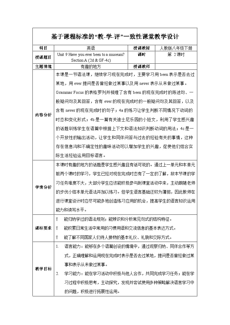 人教版英语八下 Unit 9 Have you ever been to a museum？第2课时 Section A (2d & GF4a-4c) 教案第1页